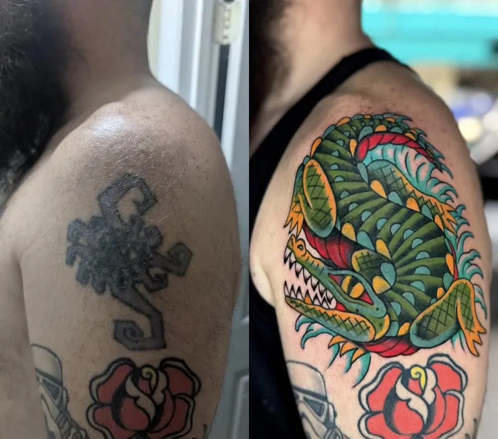Before and after: an old blackwork tattoo covered with a bright color gator